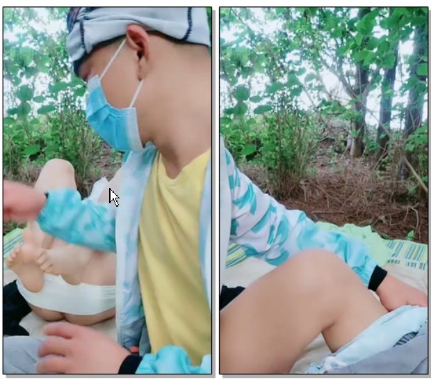 大山里面的小树林里玩弄骚表姐，露脸黑丝69口交舔骚穴，主动上位抽插小哥